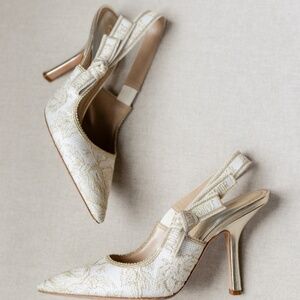 Dior J’Adior Slingback 100mm Pumps Toile de Jouy White Gold Metallic